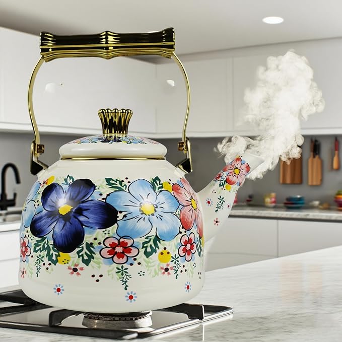 Vintage Enamel Tea Kettle, Blue Floral Pattern Stovetop Teapot with Gold Handle, 2.5L Enamel Kettle Kitchen Decor, Ideal Gift for Housewarming Camping Coffee Pot