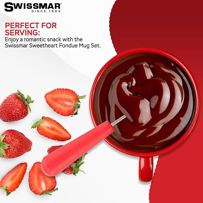 Swissmar 4-Piece Sweetheart Chocolate Fondue Mug Set – Mini Fondue Set for Keeping Chocolate, Caramel, Cheese, & More Warm – Ideal Gift for Weddings & Desserts