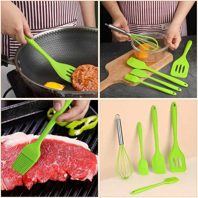 VICASKY 5pcs Silicone Kitchen Utensil Set with Spatula, Whisk, and Scraper, Heat Resistant Nonstick Cooking Gadgets for Baking and Food Preparation, Green