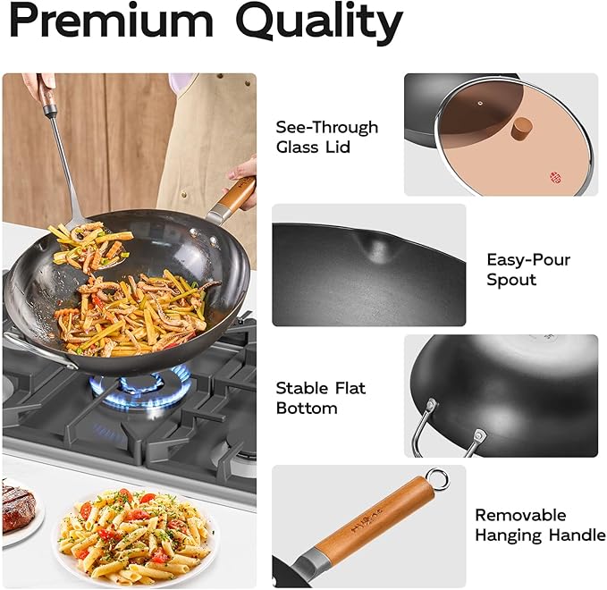 WANGYUANJI 14.2" Flat-Bottom Iron Wok with Glass Lid, Uncoated Stir-Fry Pan, Rapid-Heating Refined Iron, Induction/Gas/Electric Compatible, Wooden Handle (Seasoning Required)