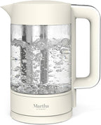 Martha Stewart  Electric Kettle with Removable Stainless Steel Tea Infuser, Glass Carafe 1.7L (7 Cups), Hot Water Boiler, 4 Presets, Keep Warm & Auto Shut-Off, Cordless 360° Swivel Base, Linen White