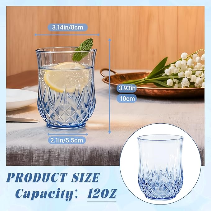 24 Pack Plastic Stemless Wine Glasses,12oz Unbreakable Vintage Elegant Drinking Glass Set,Reusable Fancy Cocktail Cups for Party, Wedding, and Bulk Events (24, 12oz-Blue)