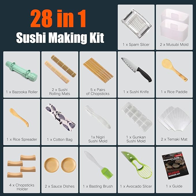 SmileTools Sushi Making Kit & Musubi Maker Kit - for Beginners & Pros with Sushi Roller Bazooka, 2 Bamboo Mats, 2 Musubi Press Molds and Spam Slicer