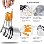 Measuring Spoons and Cups Set of 10 Pieces, Stainless Steel Measuring Utensils with BPA-Free Silicone Grips,Metal Scale Tools for Kitchen Cooking Baking, Dishwasher-Safe (Orange)