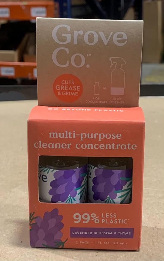 Grove Co. Multi-Purpose Cleaner, Refill Concentrate (2 x 1 Oz) + Glass Spray Bottle (16 Oz), Plant-based Household Cleaning Supplies Bundle, No Plastic Waste, Natural Lavender Blossom & Thyme Scent