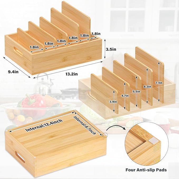 Bamboo Lid Organizers Inside Cabine, Kitchen Cabinet Organizer with 5 Adjustable Dividers, Food Container Plastic Holders for Drawer Pantry, Nature