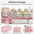 SNTD Dish Drying Rack - Extendable Dish Rack, Large Sink Drying Dish Drainer for Kitchen Counter, Stainless Steel Dish Strainer with Utensil Holder (Pink)