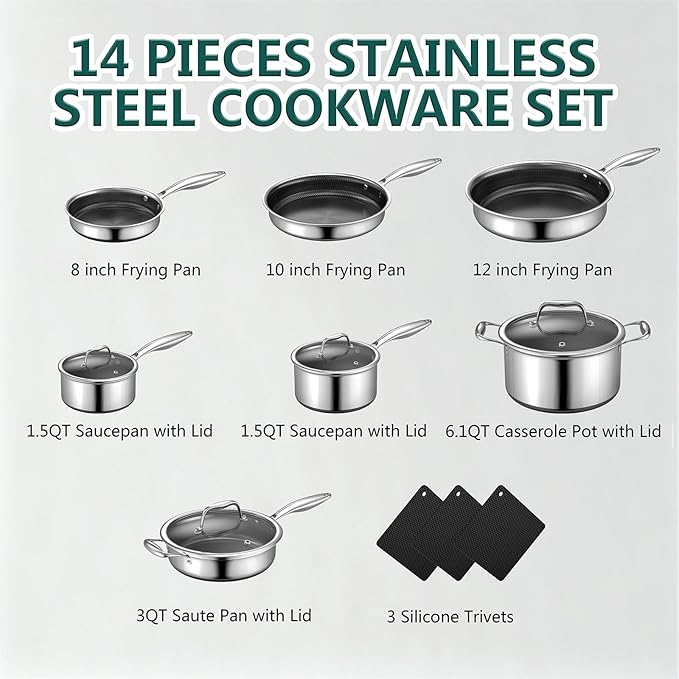 Yoehka 14-Piece Hybrid Stainless Steel Cookware Set, Non-Stick Pots and Pans Set with 3 Silicone Trivets | Induction Compatible Frying Pans, Saucepans, Saute Pan & Stock Pot | Oven Dishwasher Safe