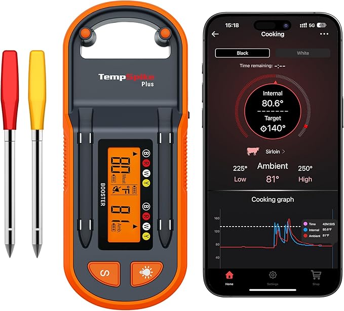ThermoPro TempSpike Wireless Meat Thermometer with 2 Ultra-Thin Meats Probes, Bluetooth Meat Thermometer with Stand-Alone LCD Booster for BBQ, Oven, Grill, Kitchen, Smoker, Rotisserie, Red and Yellow