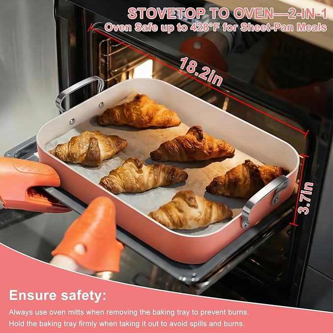 Double Burner griddle Pan,griddle pan for stove top & Oven,15.6x10.8 Ceramic Nonstick stovetop griddle,PFAS-Free,Induction Ready,Stainless Handles,Oven Safe 428°F,4.8QT，Terracotta Red