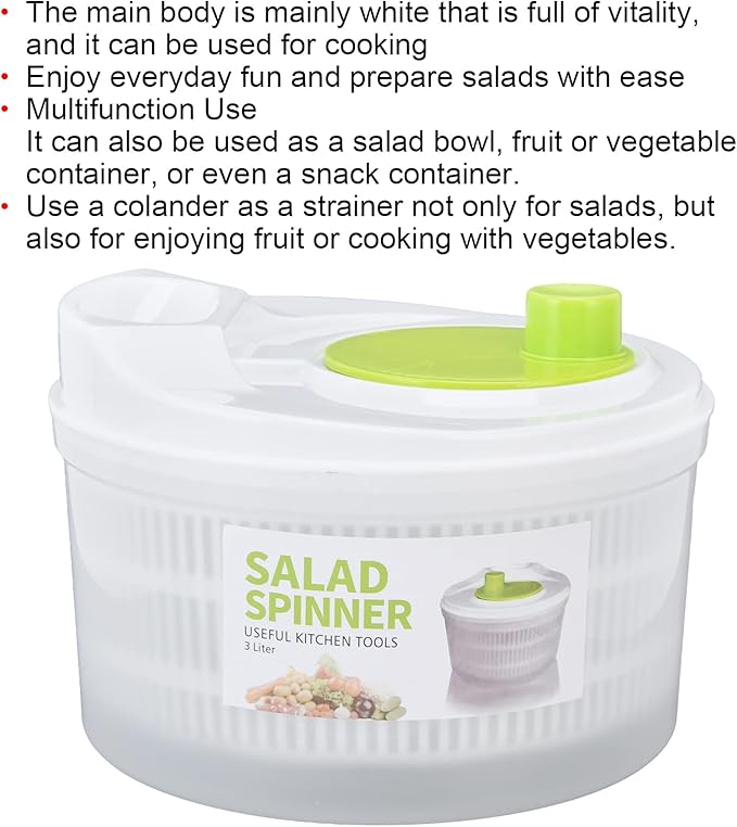 Salad Spinner, 3L Multipurpose Lettuce Spinner Vegetable Washer with Bowl Colander Basket and Easy Grip Handle for Veggie Fruit Drying, White