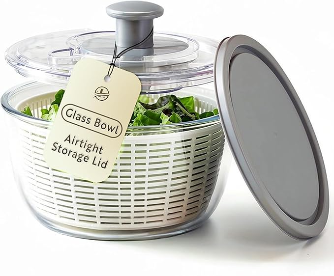 Le'raze Glass Salad Spinner with Airtight Lid - BPA-Free - Easy Pump Lettuce Spinner Washer | Fruit Washing Bowl with Strainer | Vegetable Cleaner | Large Capacity Borosilicate Glass, 6.22 Quart