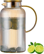 Buaic Glass Pitcher with Lid, 68 oz/ 2 Liter Amber Classic Vertical Stripes Water Pitcher,Glass Water Carafe for Cold Brew, Coffee, Lemonade, Iced Tea,Beverage, Heat Resistant Water Glass Jug