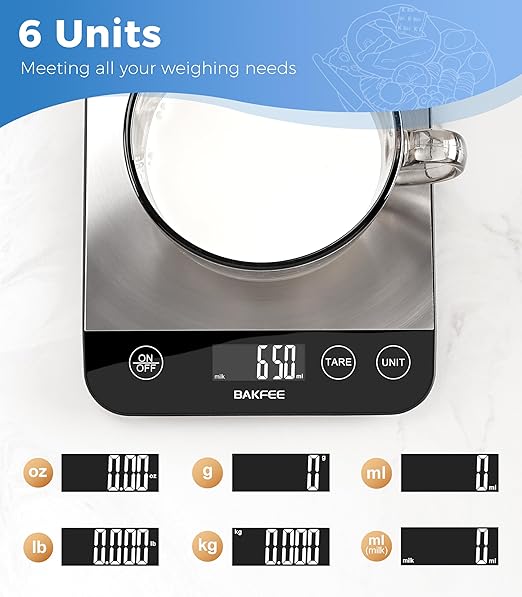Food Scale, 33lb Rechargeable Kitchen Scale with Stainless Steel, Grams and Ounces, USB Charging, 1g High Accuracy for Baking, Cooking & Food Prep, Black, BK806