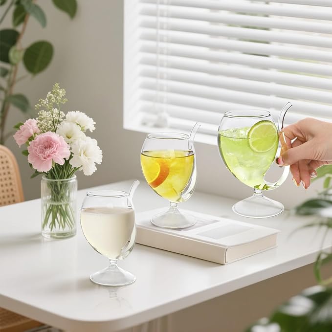 Tlence 4 Pack Straw Wine Glass, 12 OZ Sipping Wine Glasses with Built-in Straw, Creative Tube Cocktail Goblets, Clear Funny Decanter Cups for Juice Ice Cream Champagne Party Glassware Barware