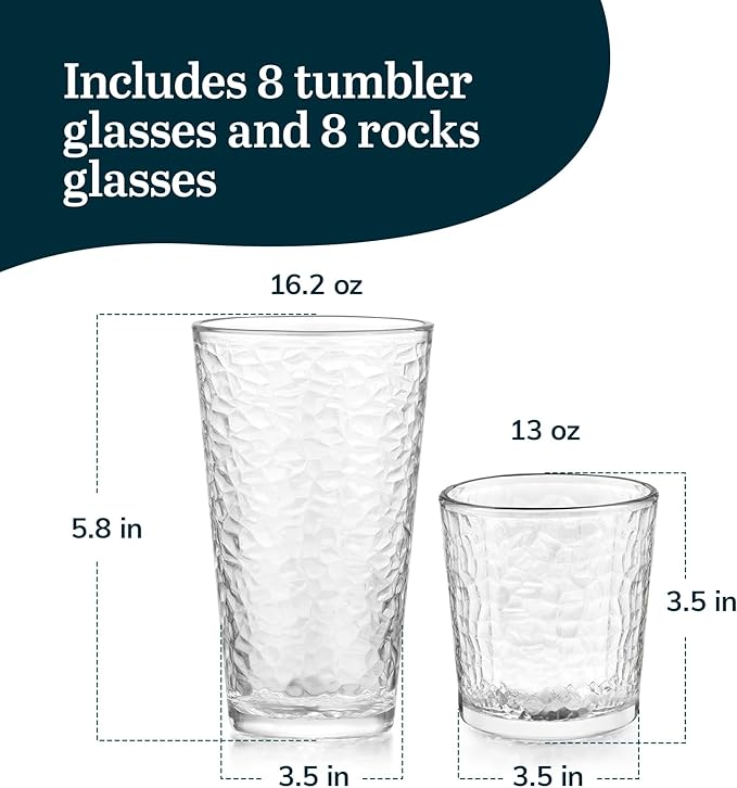Libbey Yucatan Tumbler and Rock Drinking Glasses Set, Textured 16 Piece Glassware Set, All Purpose Glass Cups for Events and Everyday Use