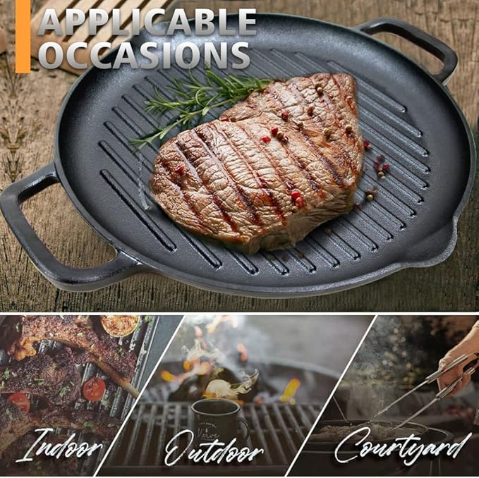 Cast Iron Grill Pan, 12.6 inch Griddle Pan with Dual Handles, Pre-Seasoned Heavy-Duty Cast Iron Skillet for Stovetop, Oven, Indoor & Outdoor BBQ Use