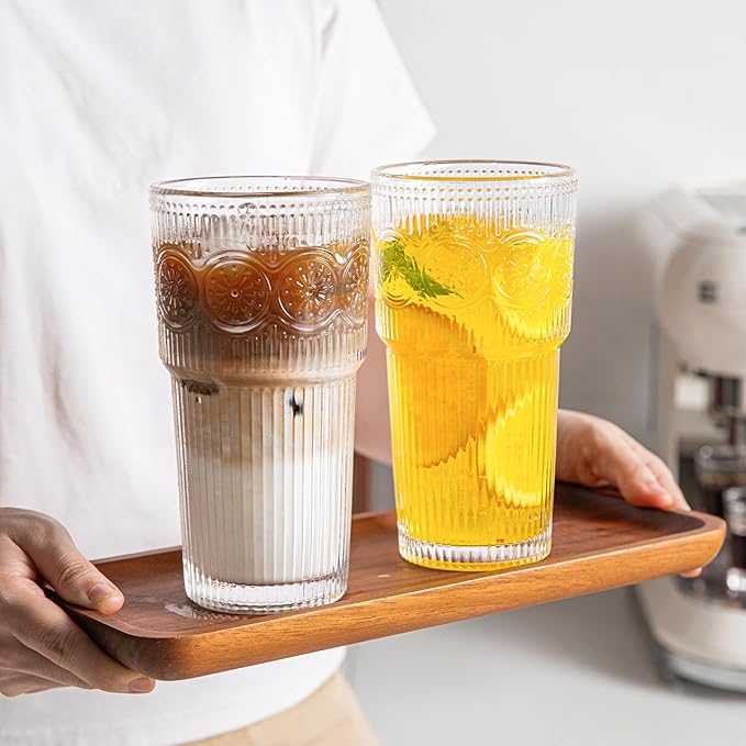 INSETLAN 20oz Ribbed & Floral Glasses Drinking Set of 6- Clear Glass Tumbler, Reusable Glass Cups for Iced Coffee, Water, Beer, Smoothies, Tea, and Juice – Perfect for Party and Daily Use
