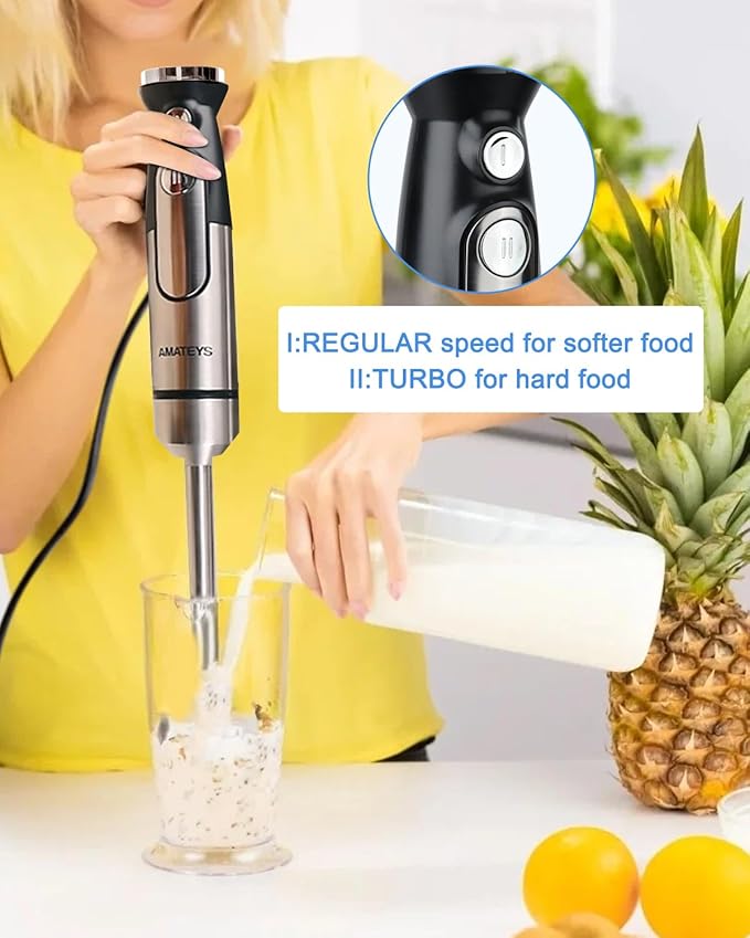 Amateys Handblender with Plug,Immersion Blender Handheld, Heavy-Duty Copper Motor, Detachable Stainless Blade Dishwasher Safe, 2 Modes with Pulse,Infinitely Variable Speed, Space-Saving Design