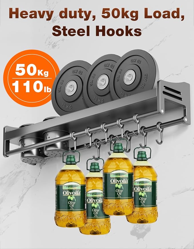 kitchen utensil hanger, wall mounted rail with hooks, waterproof hooks for utensils, easy installation without drilling (31.5 inches, Count, 3)