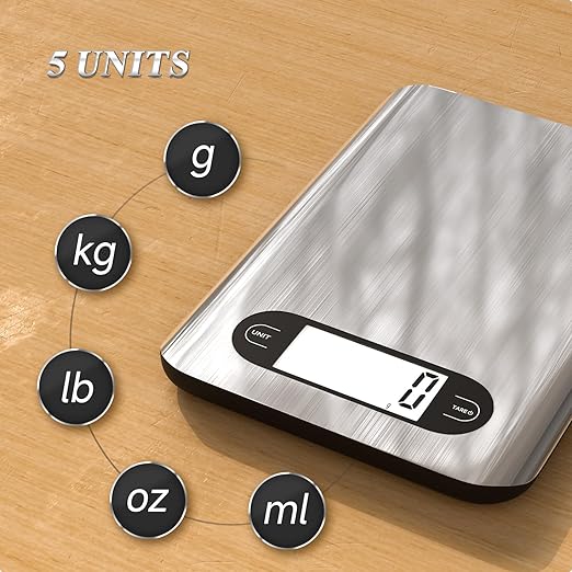 Digital Kitchen Scale, 17 Pounds Capacity Food Scale with LCD Display, Weight Grams and Ounces for Cooking and Baking, Stainless Steel Platform, Anti-Splash