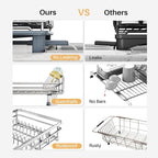 SNTD Dish Drying Rack - Extendable Dish Rack, Large Sink Drying Dish Drainer for Kitchen Counter, Stainless Steel Dish Strainer with Utensil Holder (Silver)
