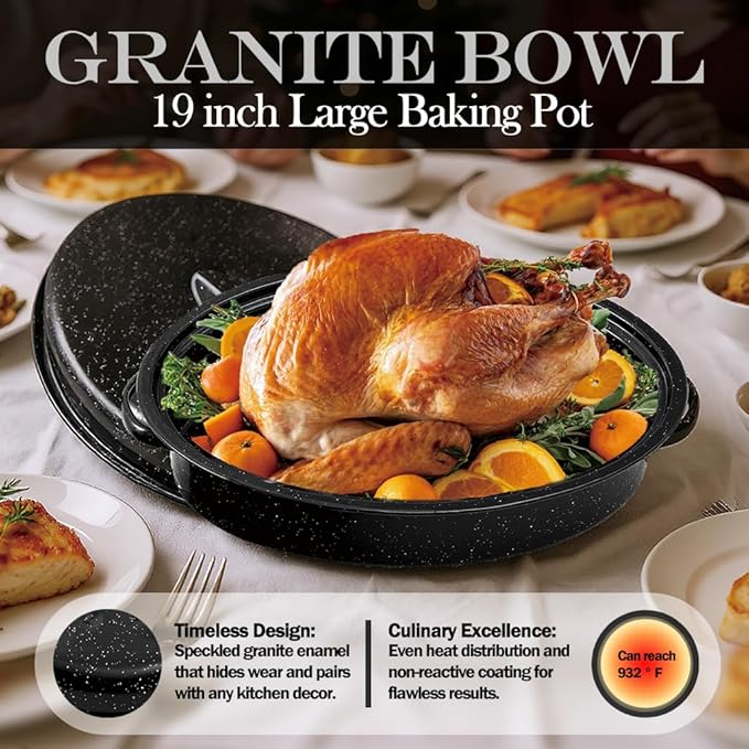 19” Turkey Roasting Pan Enamel Oval Granite Large Roaster Pan with Lid with 17in Inner Diameter Large Capacity Suitable for Thanksgiving Enamel Cook Ware Dishwasher Compatibility Oven Christmas Gift