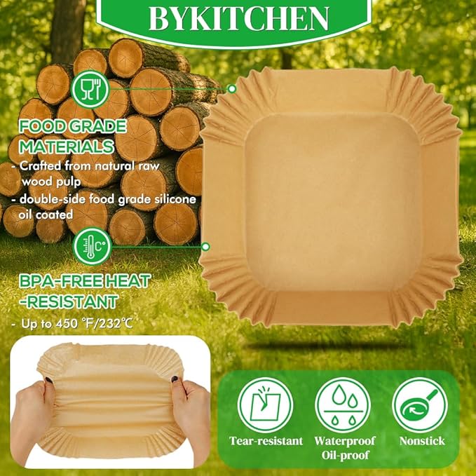 BYKITCHEN 300PCS Disposable Air Fryer Paper Liners for Ninja AF141 5 QT Pro AF181 6.5QT, Cosori Chefman 6 QT &Other 5 to 8Qt Airfryer, 8in Square Air Fryer Parchment Paper, Airfryer Basket Accessories