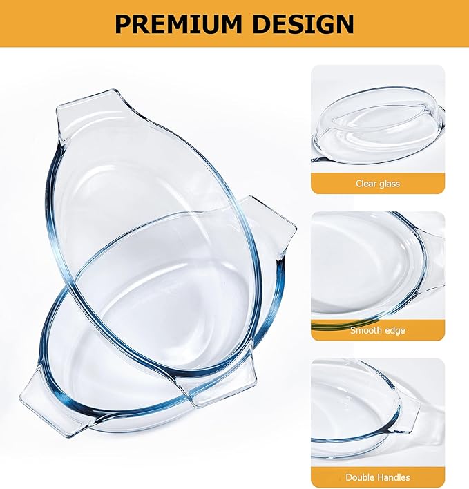 Small Casserole Dishes Oval 2 Pack, 23oz Glass Au Gratin Baking Dish, Individual Oval Baking Pan for Oven Microwave Air Fryer, 1 or 2 Person Servings, Bakeware Clear Prep Bowls with Handle