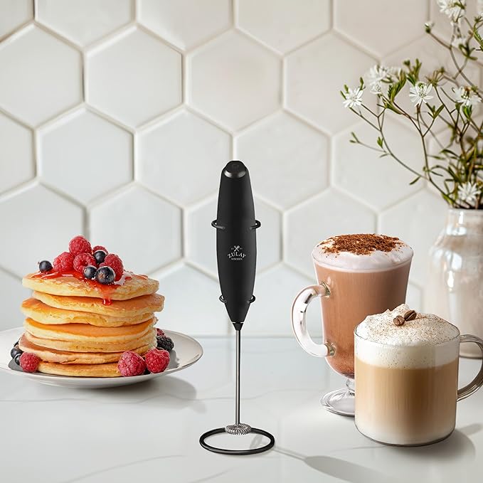 Zulay Kitchen Powerful Milk Frother Wand With 4 AA Duracell Batteries - Ultra Fast Handheld Drink Mixer - Electric Whisk Foam Maker for Coffee, Lattes, Cappuccino, Matcha & Creamer - Executive Black