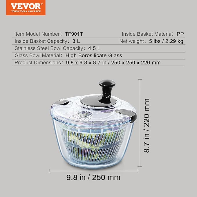 VEVOR Glass Salad Spinner, 4.75Qt, One-handed Easy Press Large Vegetable Dryer Washer, Lettuce Cleaner and Dryer with High Borosilicate Glass Bowl Lid, for Greens, Herbs, Berries, Fruits, No BPA