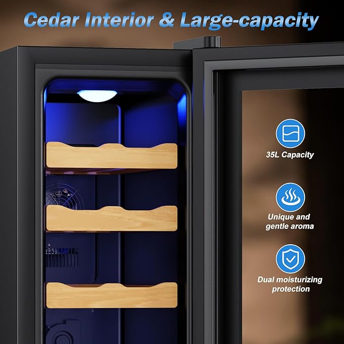 Electric Humidor-35L Cooling & Heating Humidor Smart Touch Control Humidity & Temp Humidors wtih Spanish Cedar Wood Tray, Digital Display, Safety Lock, Desktop Gift for Men