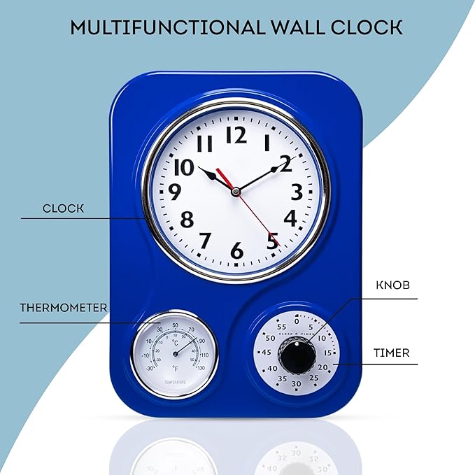 Lily's Home - 9.5 Inch x 12.5 Inch- Retro Kitchen Wall Clock, Vintage Wall Clock with a Thermometer and 60-Minute Timer, Ideal for Any Kitchen, Office, or Diner (Dark Blue)