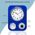 Lily's Home - 9.5 Inch x 12.5 Inch- Retro Kitchen Wall Clock, Vintage Wall Clock with a Thermometer and 60-Minute Timer, Ideal for Any Kitchen, Office, or Diner (Dark Blue)