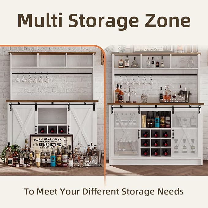 4ever2buy Farmhouse Coffee Bar Cabinet with Storage, 47”Coffee Bar with Sliding Barn Doors and 3 Storage Hutch, Hutch Cabin et with 6 Hooks & 9 Wine Racks for Dining Room, Kitchen, White