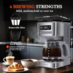 Taylor Swoden Programmable Coffee Makers 12 Cup, Hot and Iced Coffee Maker, 4 Brew Strength, LED Display, 24H Timer, Keep Warm&Auto Shutoff- Drip Coffee Machine for Home/Office, Gray & Stainless Steel