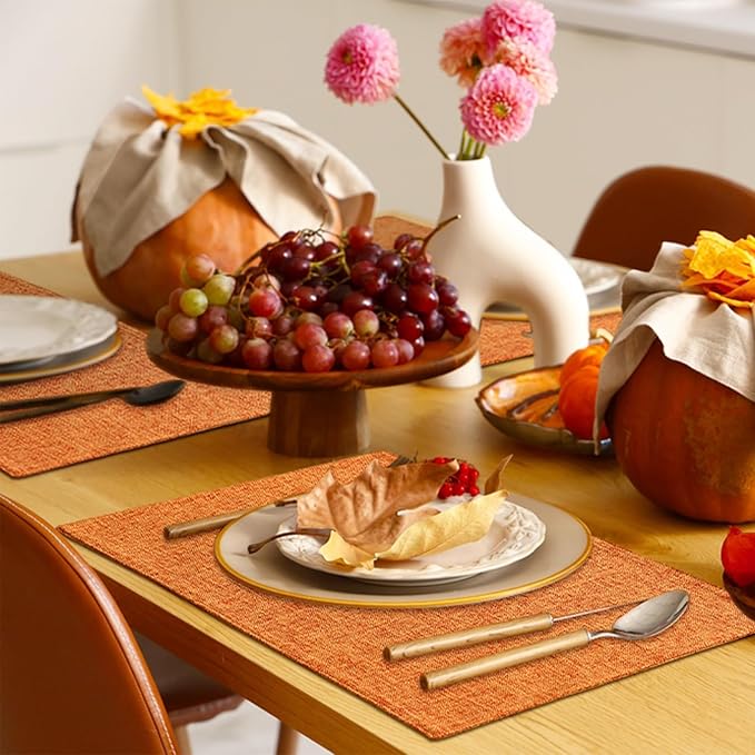 Homaxy Cloths Placemats for Dining Table Set of 6, Heat Resistant Washable Cotton Linen Blend Table Mats, Ideal for Kitchen Party Dining Decoration, 13" x 19", Orange