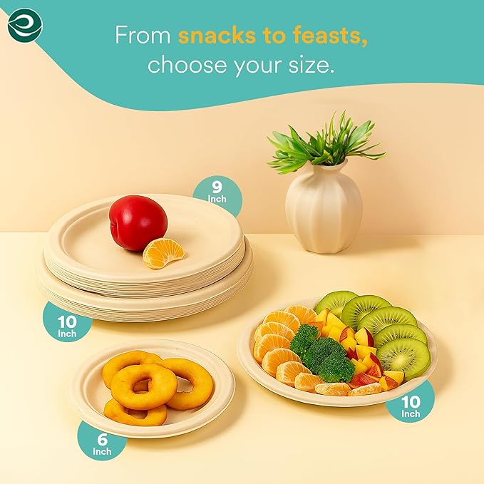 ECO SOUL 100% Compostable 10 Inch Paper Plates 200 [2x100 Pc] Disposable Party Plates I Heavy Duty Eco-Friendly Sturdy Dinner, Wedding, Event Plates I Biodegradable Unbleached Sugarcane Eco Plates