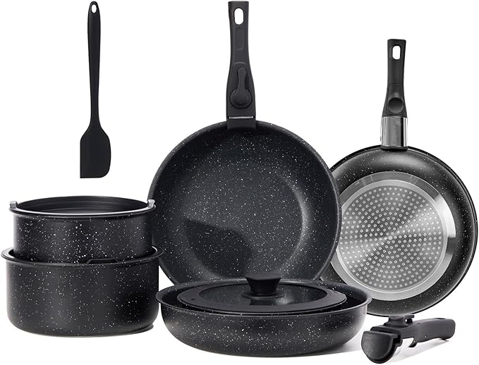 Sweetcrispy 12 pcs Pots and Pans Set, Nonstick Kitchen Induction Cookware Suit with Detachable Handle, Dishwasher Oven Safe, Black