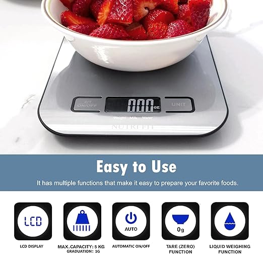 Food Scale, Kitchen Scales Digital Weight Food Grams and Ounces for Weight Loss Baking Cooking of NUTRI FIT, Max 11lb 1g Increment, Backlight LCD Smart Tare Stainless Steel, Easy to Use, AAA Battery