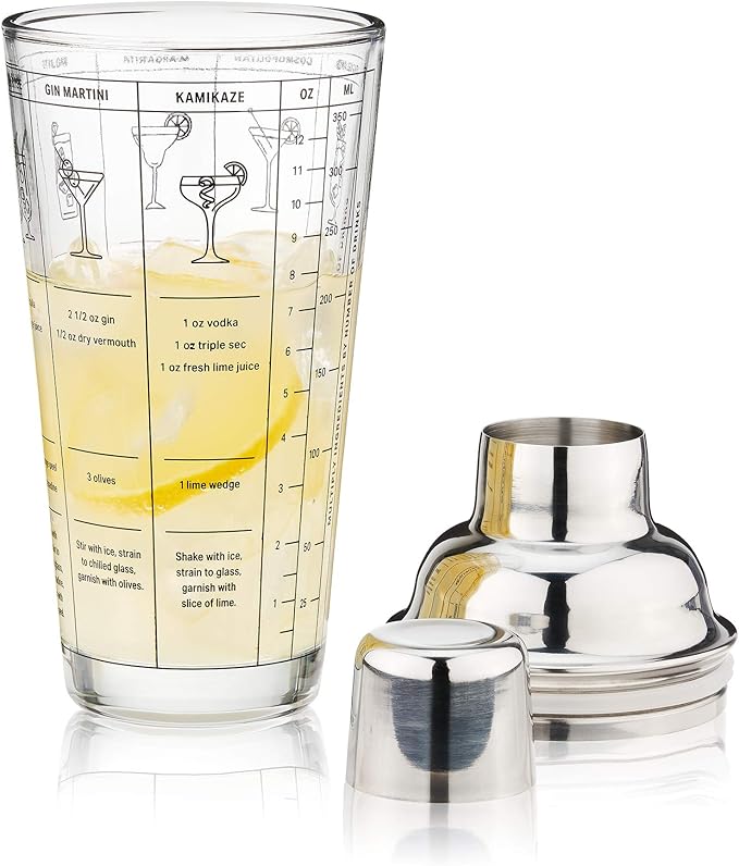 True Glass Cocktail Shaker with 7 Classic Recipes and Measurements for Cold Brew Cocktails, Home Bar Accessories, Bar Tools, Bartender Gifts, Hosting Essentials, 13.5 oz, Set of 1, Clear