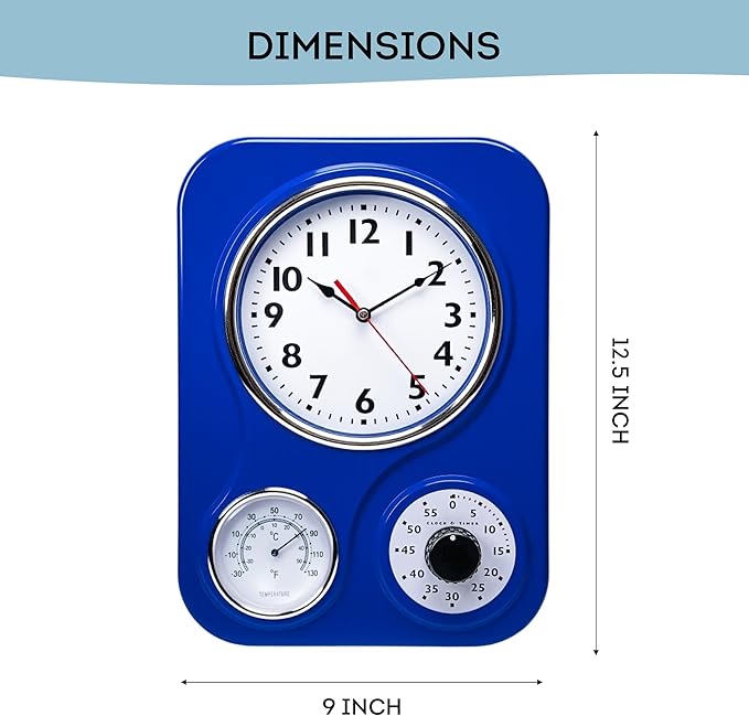 Lily's Home - 9.5 Inch x 12.5 Inch- Retro Kitchen Wall Clock, Vintage Wall Clock with a Thermometer and 60-Minute Timer, Ideal for Any Kitchen, Office, or Diner (Dark Blue)