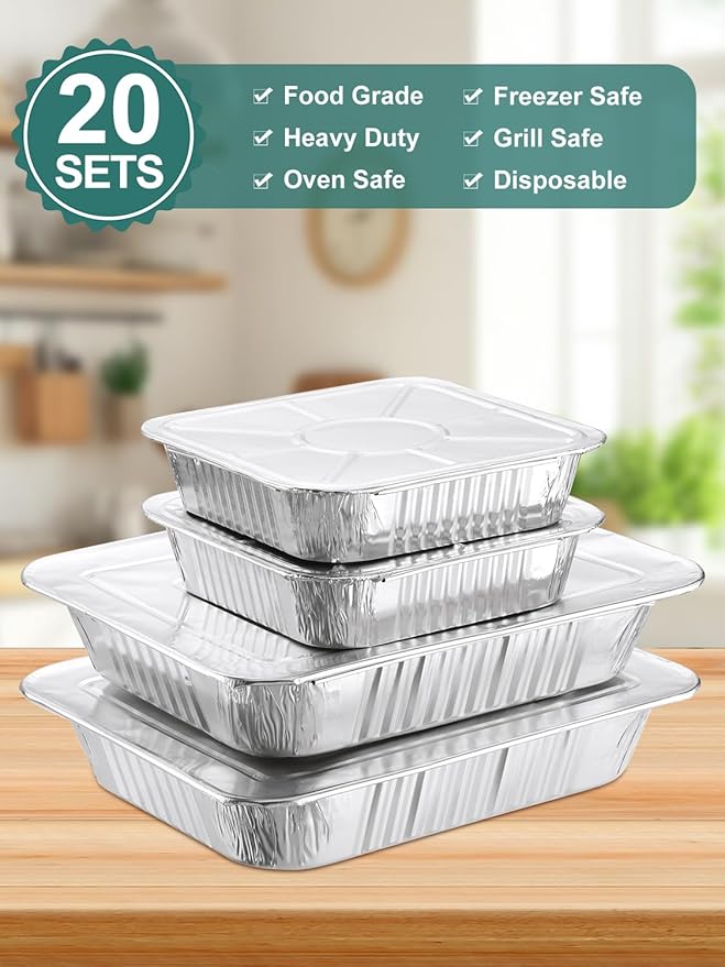 NEEBAKE 20 Set Disposable Aluminum Pans with Lids Assorted Sizes - 10 Large 10.25x12 Foil Pans Half Size & 10 Small 8x8 Tin Foil Baking Pans, Tin Trays Containers for Meal Prep, Food Cooking, Roasting