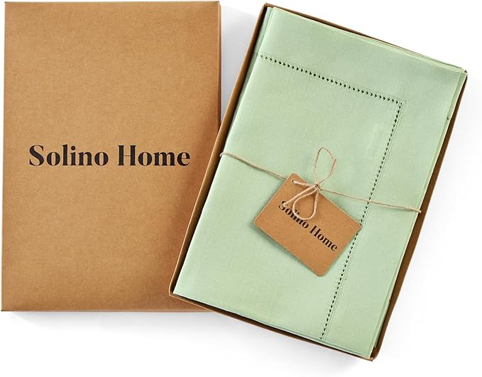 Solino Home Linen Cloth Napkins Set of 4-100% Pure Linen Light Green Dinner Napkins 20 x 20 Inch - Classic Hemstitch, Handcrafted and Machine Washable
