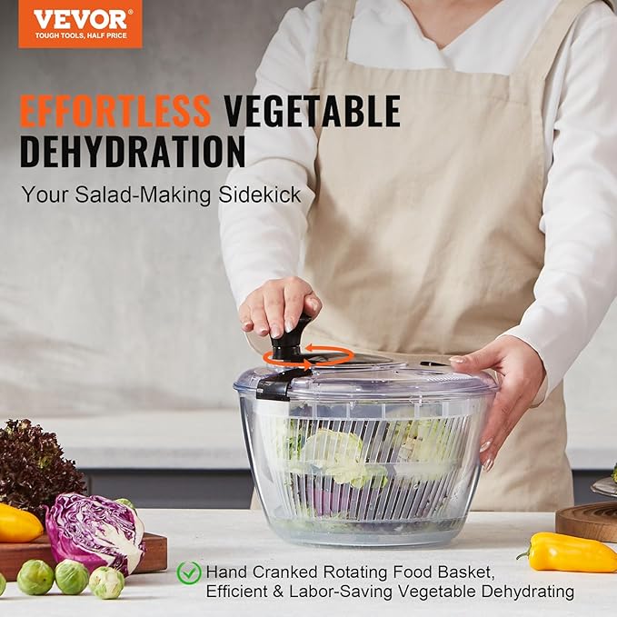 VEVOR Glass Salad Spinner, 4.75Qt, One-handed Easy Press Large Vegetable Dryer Washer, Lettuce Cleaner and Dryer with High Borosilicate Glass Bowl Lid, for Greens, Herbs, Berries, Fruits, No BPA