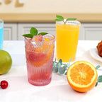 Loivttvv 6pcs Vintage Drinking Glasses Set, 12 oz Pink Highball Glasses, Embossed Ribbed Glassware Cups for Cocktail, Water, Juice, Coffee, Whiskey