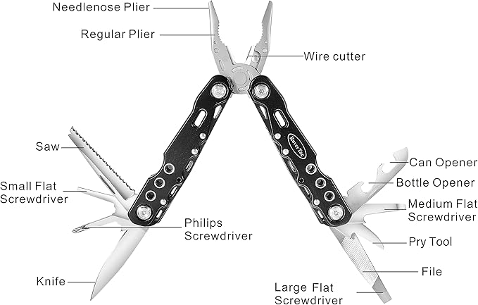 RoverTac Multitool Pliers Pocket Knife, 14 in 1 Multi Tool Knife Pliers Saw Bottle Opener Safety Lock Nylon Sheath, Camping Hiking Gear Multitool for Camping Survival Hiking DIY, Gifts for Men Dad