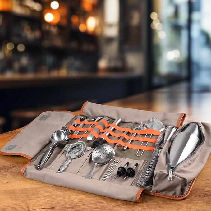 Etens Travel Bartender Kit – 22-Pc Bartending Kit with Bar Tools Bartender Accessories, Waxed Canvas Tool Bag – Professional Stainless Steel Bar Tools Set with Standard Jigger, Unbreakable Squeezer