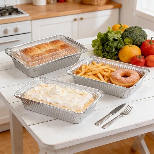 Aluminum Pans with Lids (100-Pack, 8.5"×6") 2.25 LB Capacity Foil Food Containers with Lids - 100 Pans and 100 Clear Lids - Disposable Tin Foil Pans - for Baking, Meal Prep and Freezer, Takeout