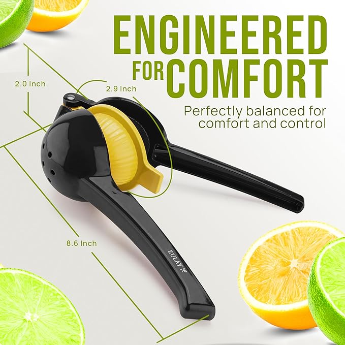 Zulay Kitchen Metal 2-in-1 Lemon Squeezer - Sturdy Max Extraction Hand Juicer Lemon Squeezer Gets Every Last Drop - Easy to Clean Manual Citrus Juicer - Easy-Use Lemon Juicer Squeezer - Black/Yellow